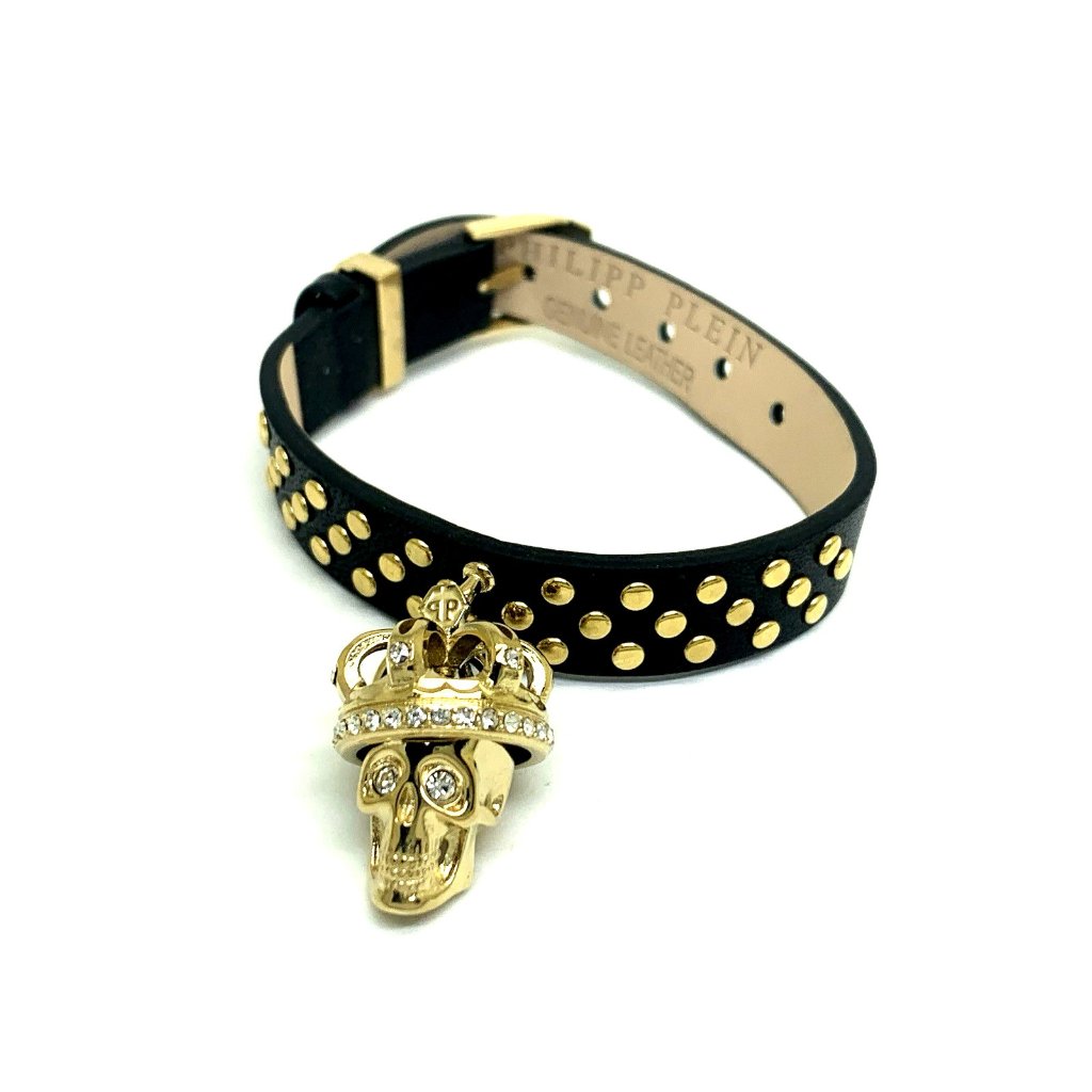 Philipp Plein Womens Bracelet Leather Stainless Ip Gold Skull Crown Pj4aa07bu 125$